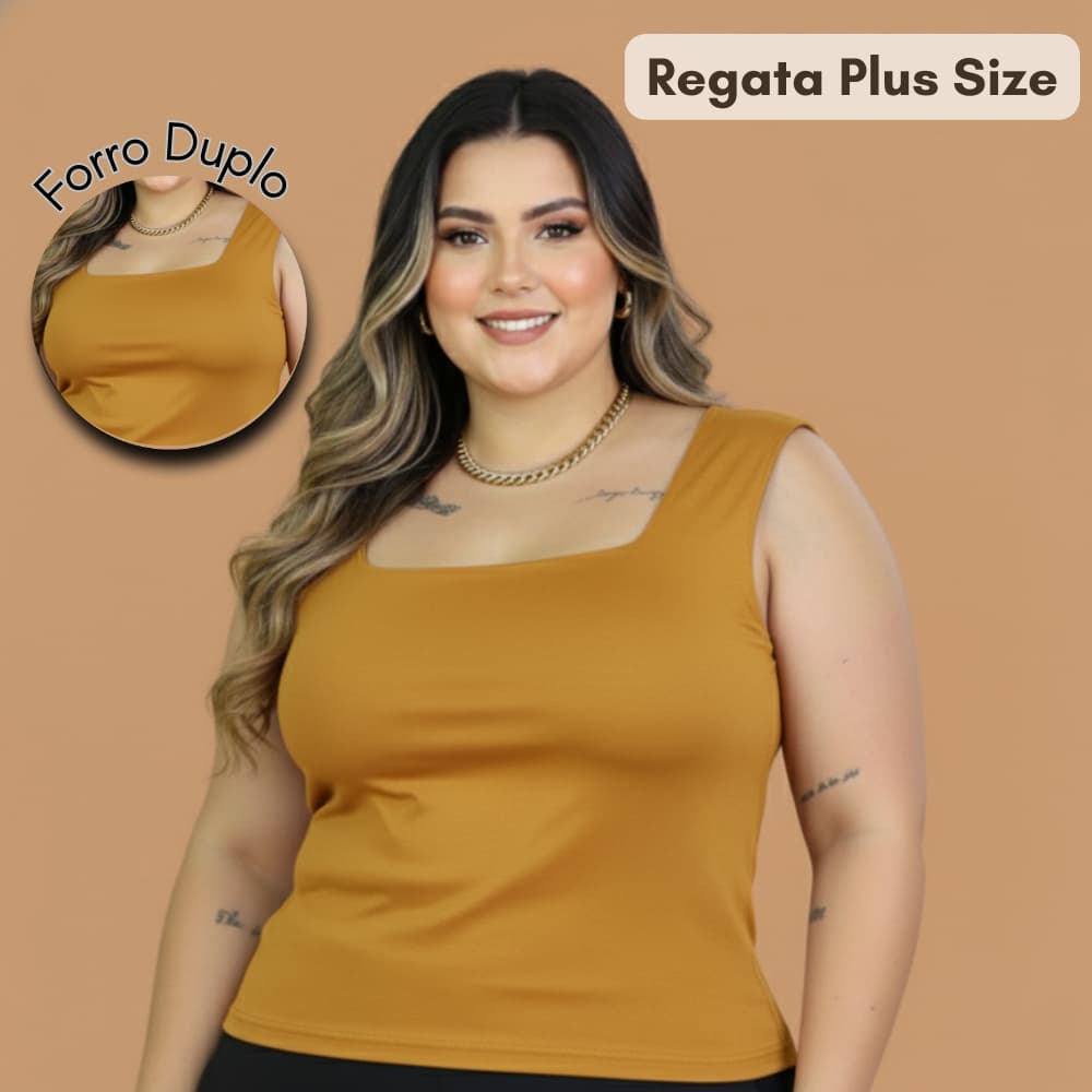Blusa Regata Feminina Plus Size Alça Larga Decote Quadrado Forrada Elegante