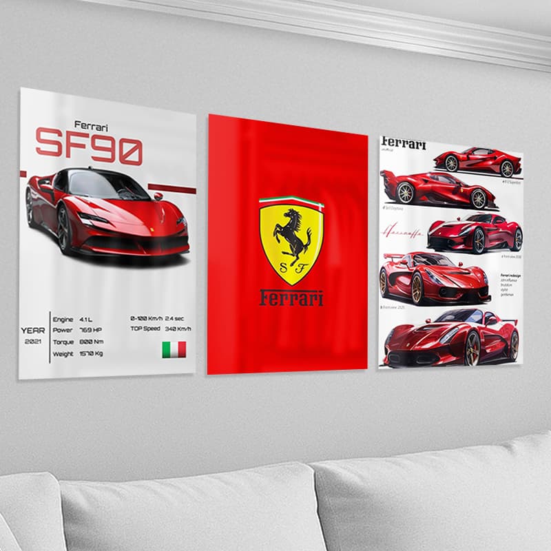 03 Quadros Decorativos Ferrari, Carros, Automotivos, Formula 1, Corrida, decoração, quadro