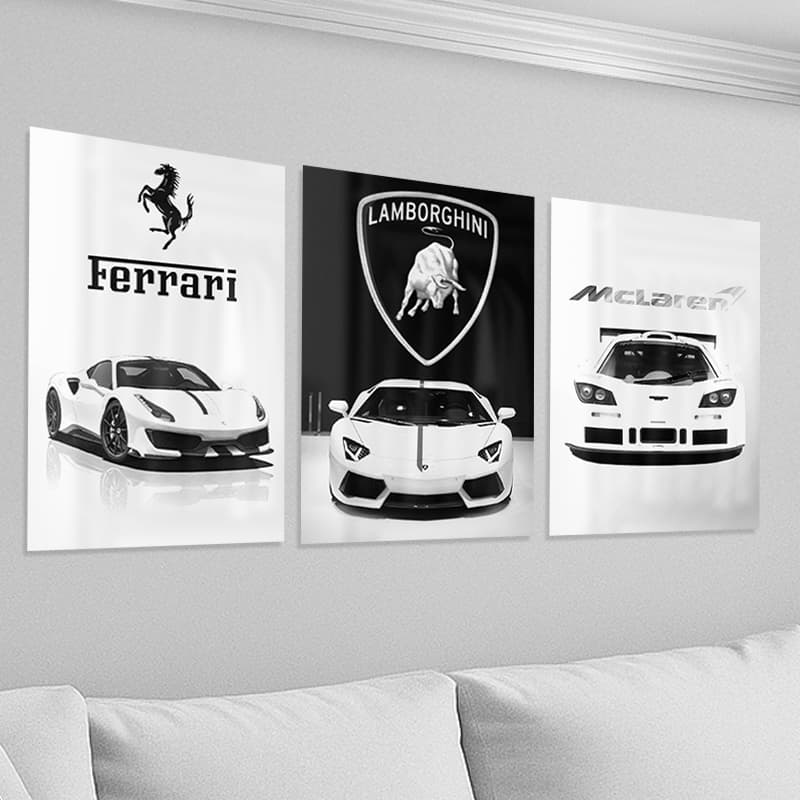 03 Quadros Decorativos Ferrari, Lamborgini, Mc Laren, Carros, Formula 1, Corrida, quadro