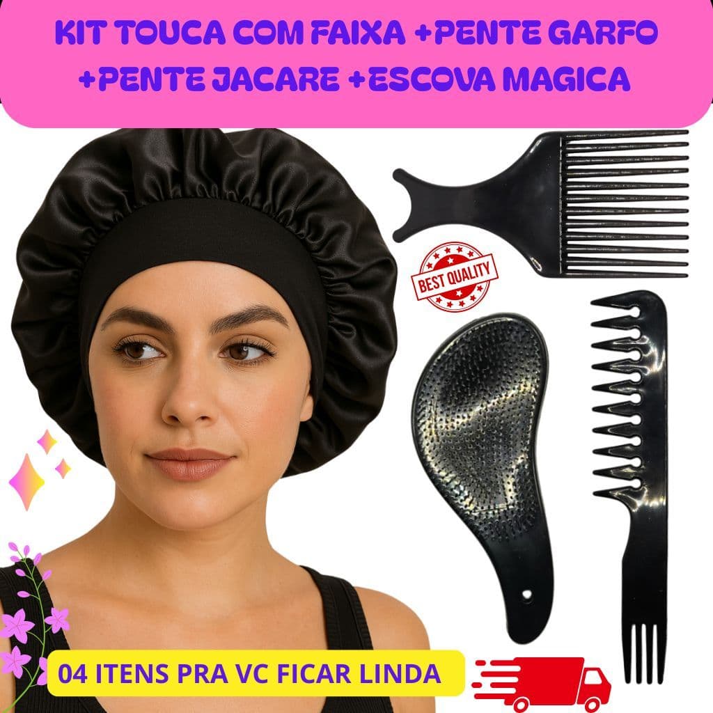Kit Construção Para Cabelos 4 Peças Pente Jacaré Garfo Touca e Escova cores sortidas