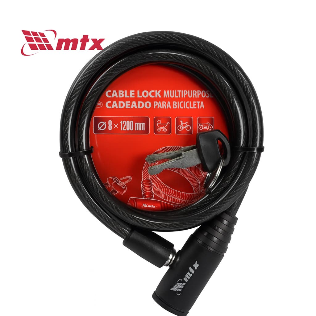Trava Bike  Cabo de Aço 1,20m x 8mm MTX Anti-Roubo  / Portão 2 Chaves Revestido em PVC
