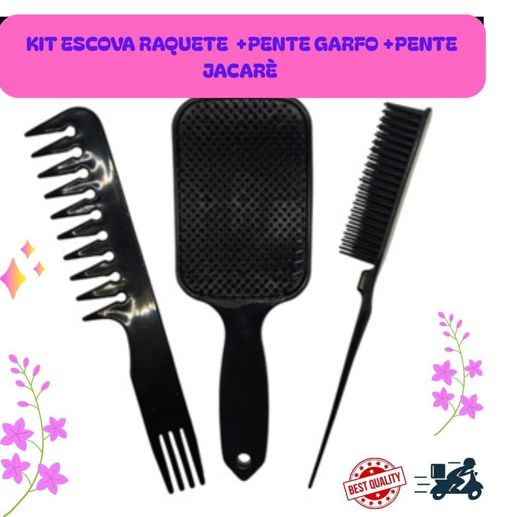 Kit Com 3 Itens Para Cabelos – Escova Raquete + Pente Jacaré + Pente 3 Fileiras (Cores Sortidas)