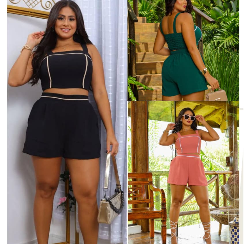 Conjunto Feminino Shorts E Cropped Tecido Duna Com Elastico Na Cintura E Lastex nas Costas Forrado Para Mulheres