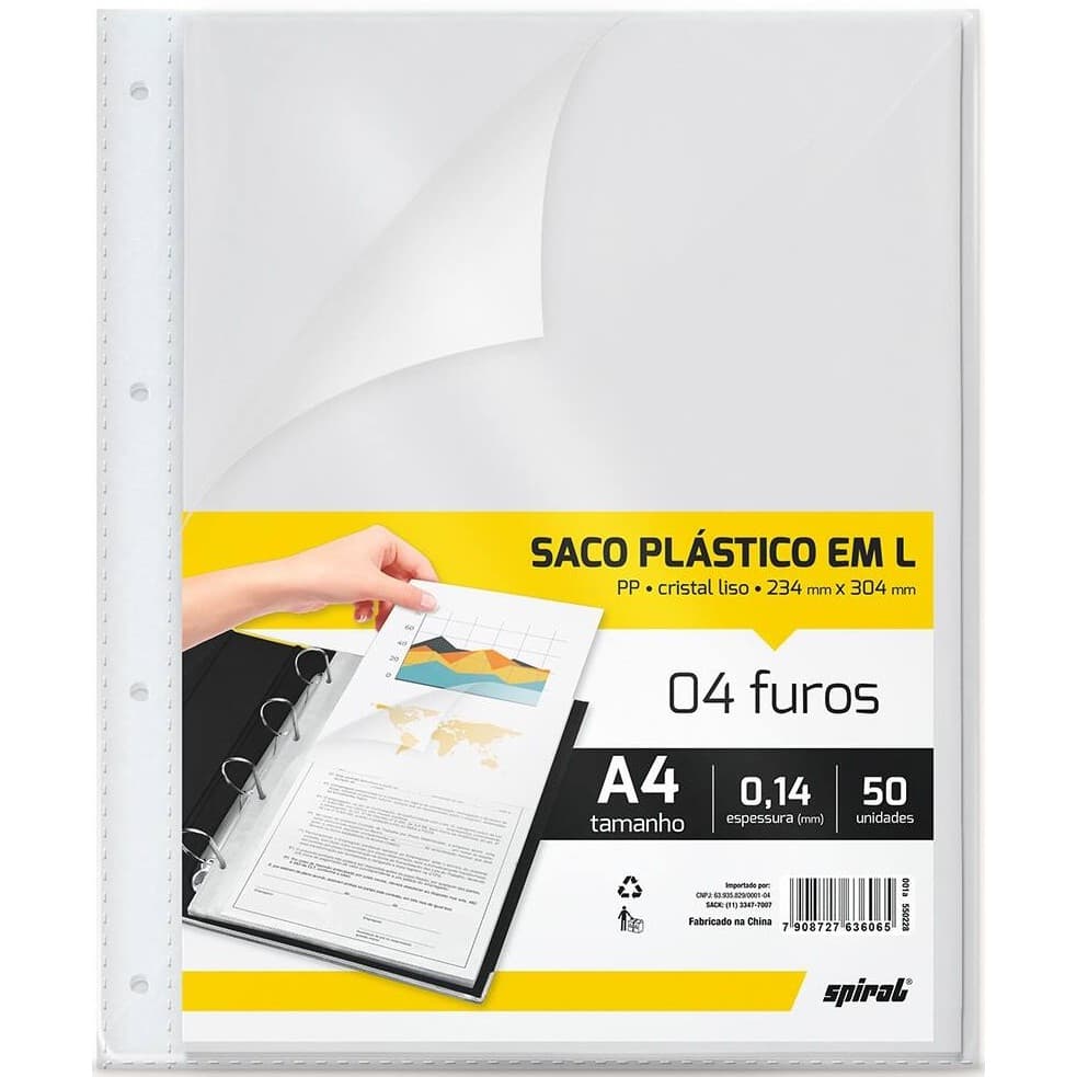 Saco Plástico PP A4 com 4 Furos em L, 0,14mm - PT 50 UN