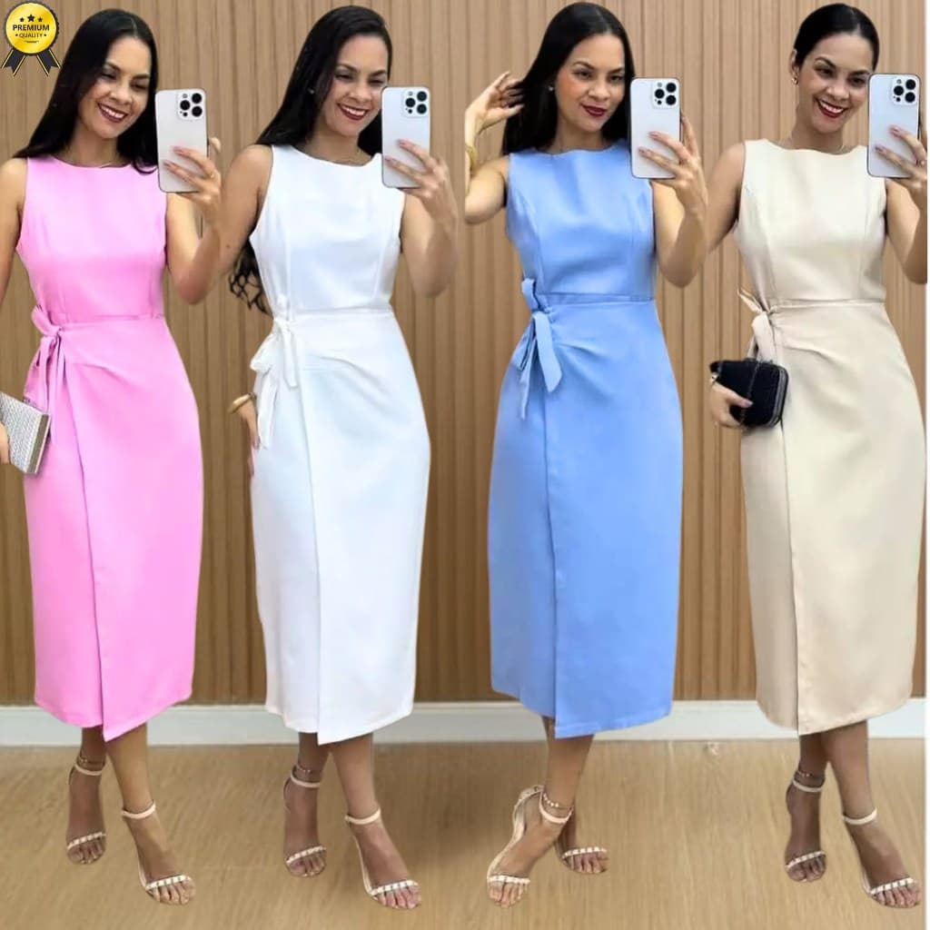 Vestido Midi Premium para Festa ou Trabalho – Sem Manga, Amarração Lateral