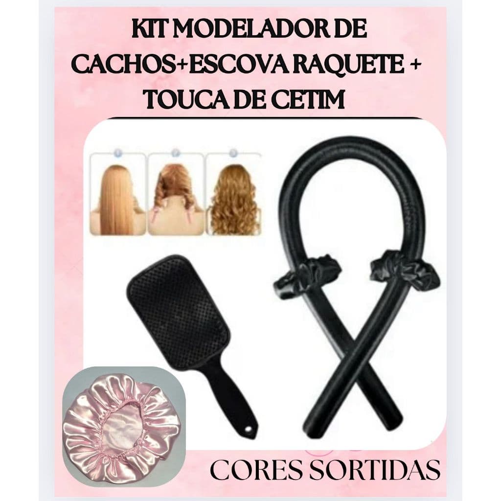 Kit Cabelos Lisos Ondulados Modelador de Cachos + 2 Scrunchies de Cetim + Escova Raquete Cor Sortida