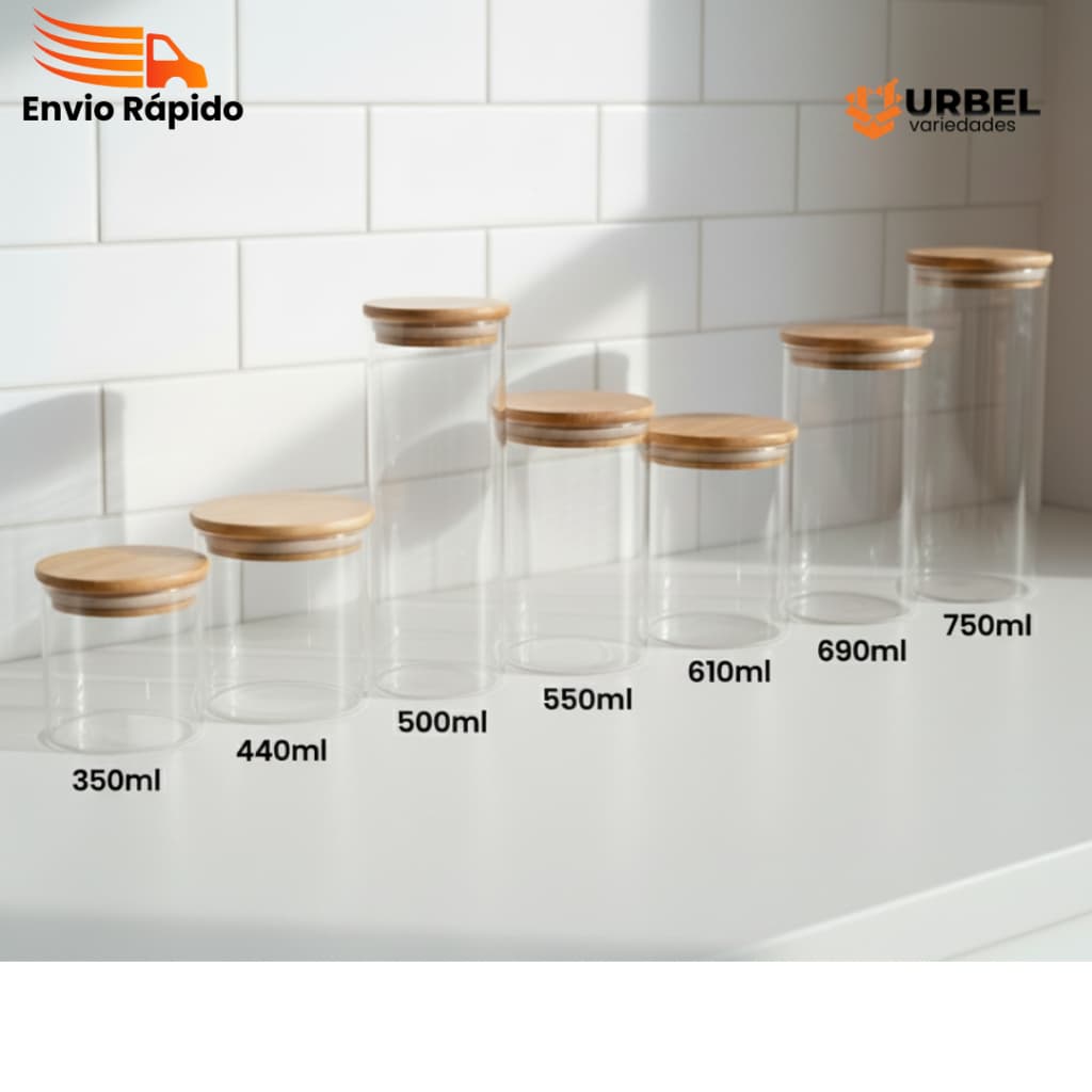 Pote de Vidro Com Tampa Hermética Bambu Cozinha Kit 3-4-7 Unidades Organizador Ecológico