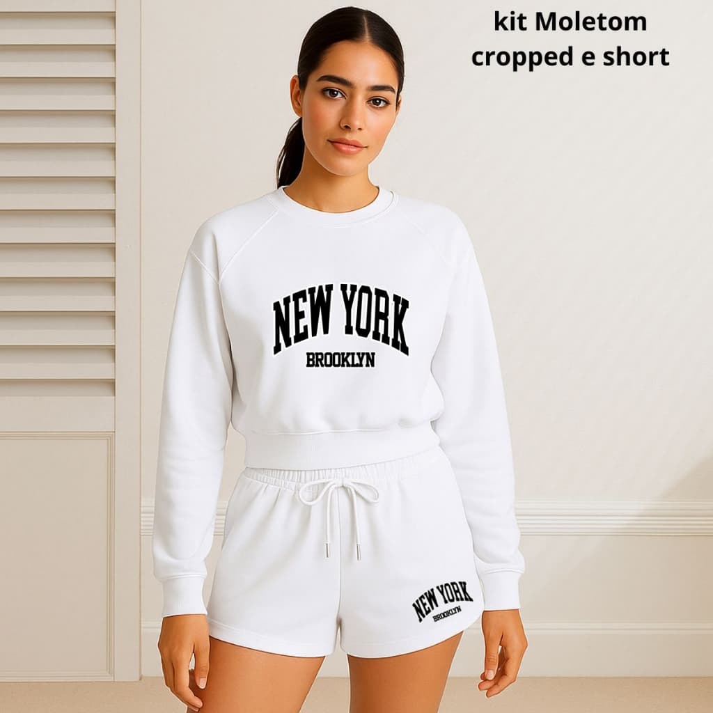 Kit Shortinho E Cropped Moletom Feminino Confortavel Estampado New York