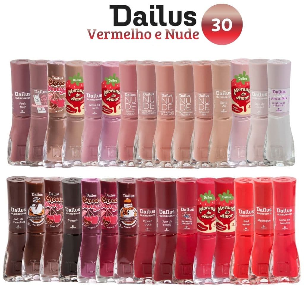 Esmalte Dailus Vermelho e Nude Kit com 30 cores Lançamento Atacado