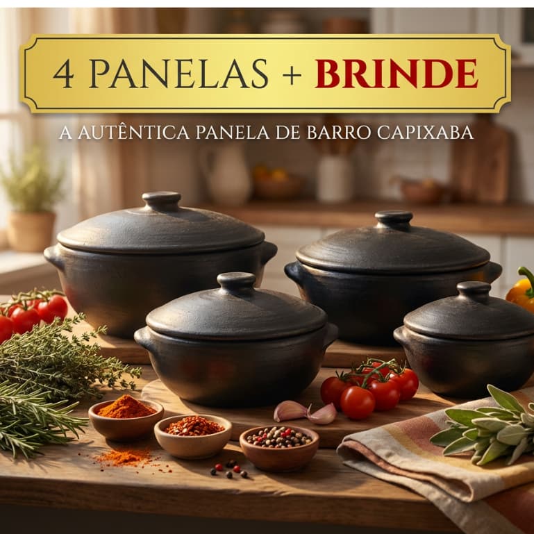 Kit 4 Panelas de Barro Capixaba Preta + BRINDE- Ideal p/Moqueca-Arroz-Ensopados/Retém Calor/Fogo Gás/Fogão Lenha