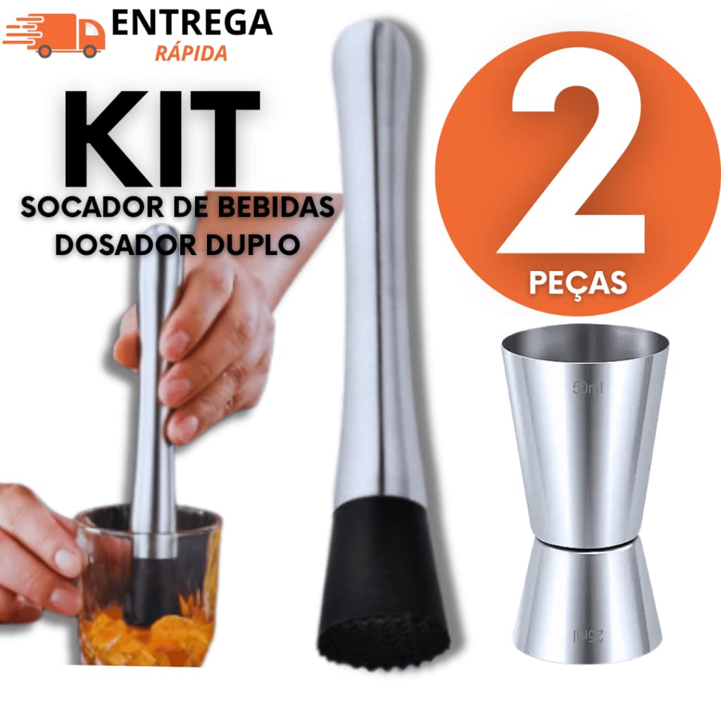 Jogo 2 Unidades - Socador Macerador de Caipirinha em Inox  Amassador de Frutas Para Drinks + Dosador Duplo Variáveis