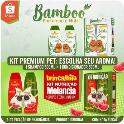 Kit Shampoo e Condicionador Para Cachorro Gato Hidratação Limpeza Profunda Brincalhão Bamboo ou Melancia 500 ml