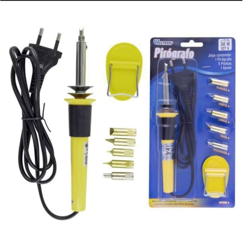 Pirógrafo Elétrico 30W com 5 Ponteiras – Ideal para Madeira, Couro e Solda (127v)
