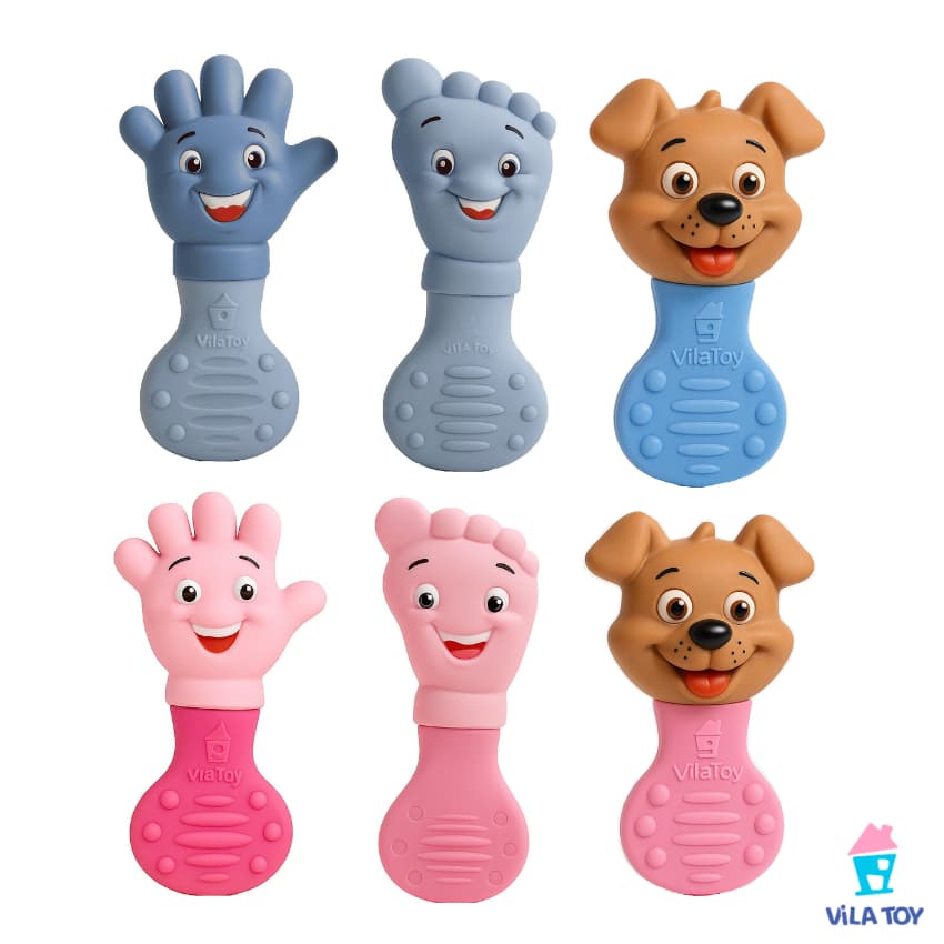 Mordedor e Chocalho para Bebe Maozinha Pezinho e Cachorrinho Anti Stress Brinquedo Infantil Vila Toy