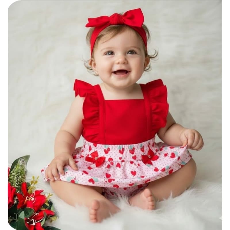 Jardineira Romper Baby mesversário, Conjuntinho com laço menina Vermelho Natal, Jardineira com Laço, Jardineira Menina.