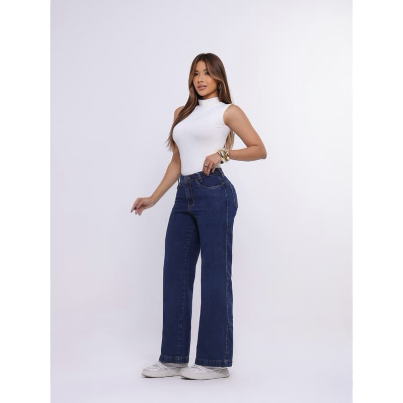 Calça Feminina Wide Leg Stone Escura  Trio Jeans 100% algodão E Cintura Alta Perfeita