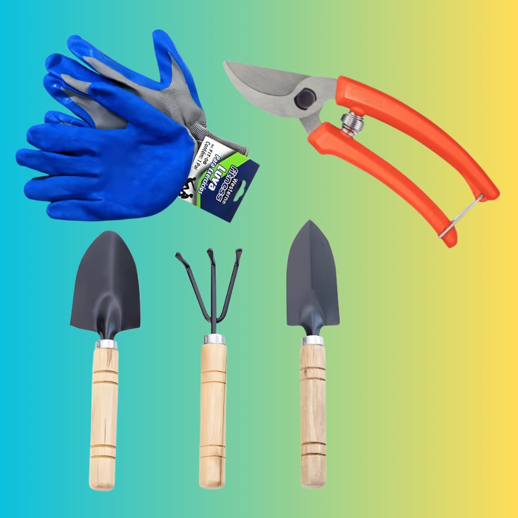 Kit Jardinagem Profissional com Luvas, Pás, Ancinho, Extrator e Tesoura de Poda
