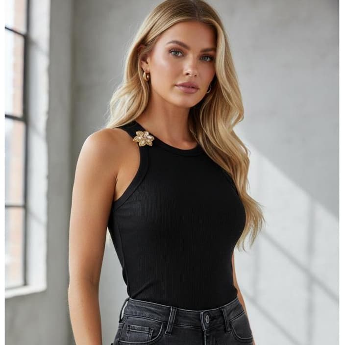 Blusa Feminina Regata Nula Manga Canelada Com Fivela Estilosa Elegante De Luxo (mula manca)