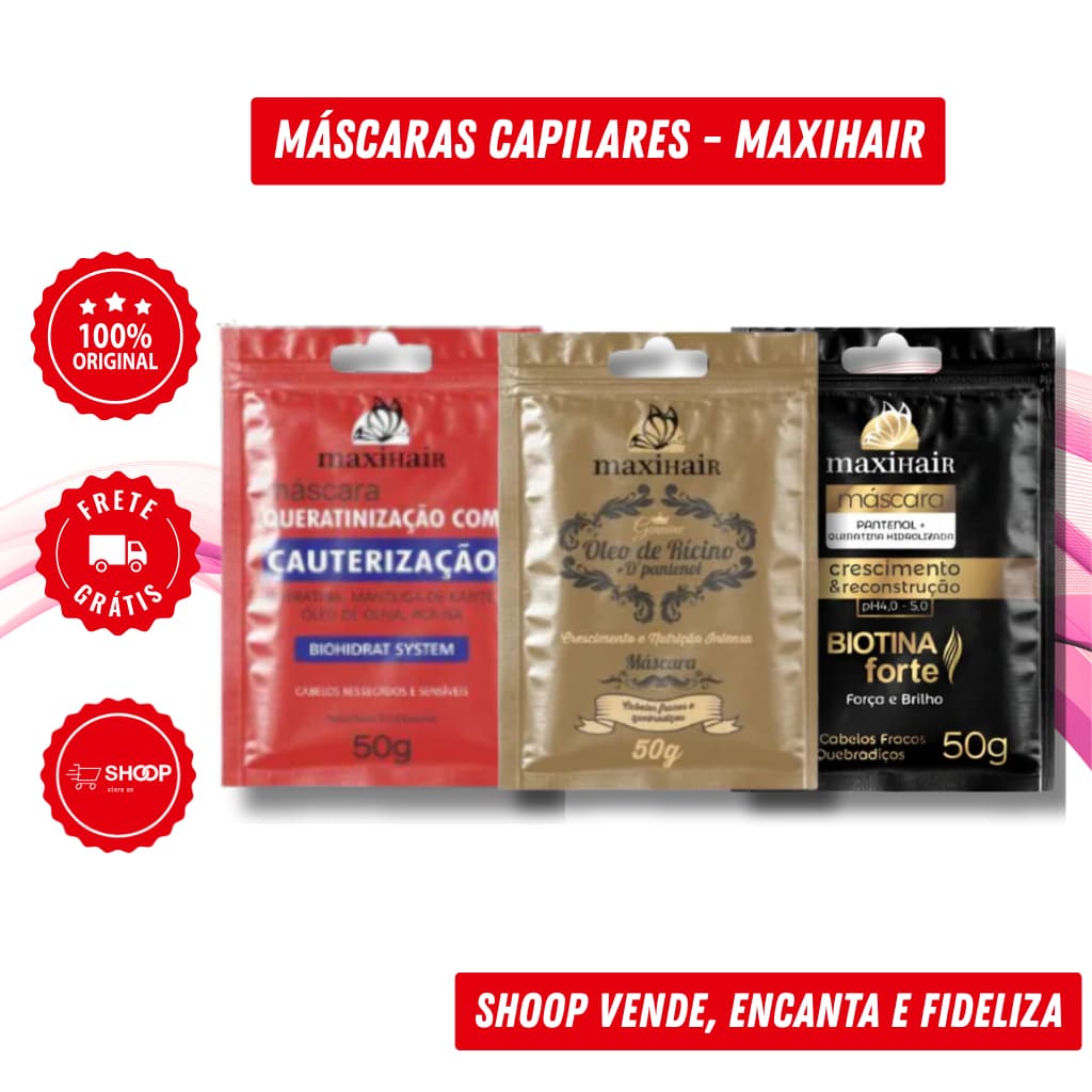 Kit Máscaras Capilares Maxihair 50g – Cauterização, Biotina Forte e Óleo de Rícino | 2 a 6 Sachês