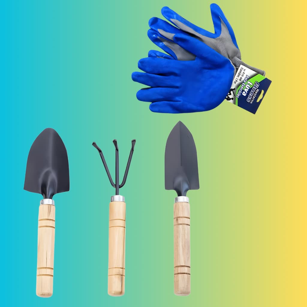 Kit de Jardinagem com Luvas + Pás + Ancinho Para Plantas e Vasos