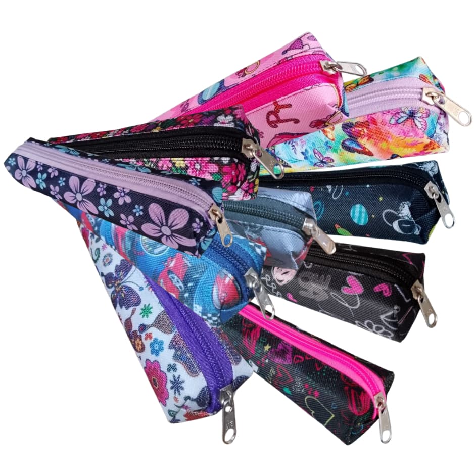 Kit Estojo Escolar Estampado 10 Unidades Estampas Variadas Porta Lapis Fininho Bolsinha Escolar