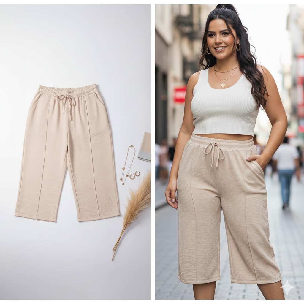 PANTACOUR PLUS SIZE e pequeno feminino liso tecido duna ate a canelaCalça Com Bolso até Canela Verão