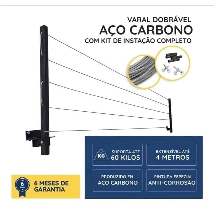 Varal de Parede Retratil Dobrável Roupa Aço Reforçado + Kit Instalação ENVIO FULL