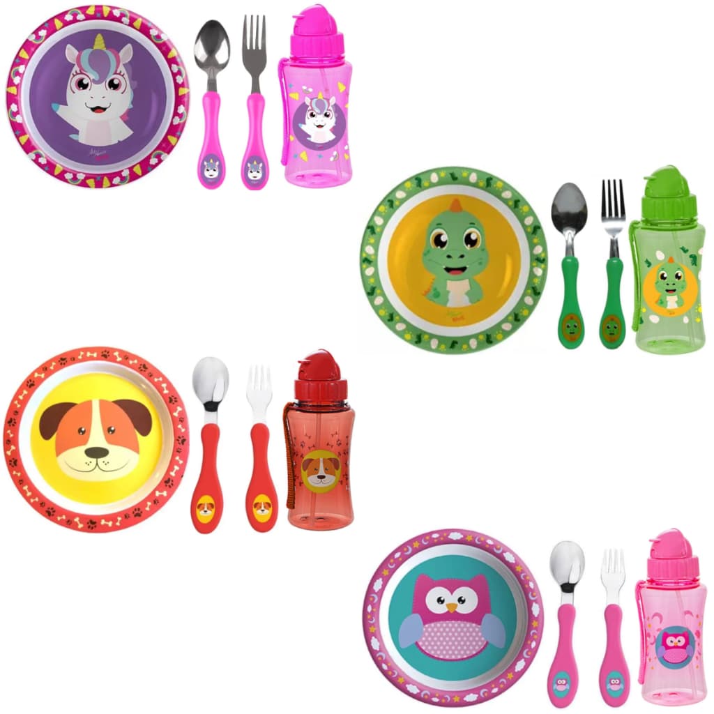 Kit Refeição Alimentação Infantil Prato Raso, Garrafa Plastica e Talheres Melhores Amigos