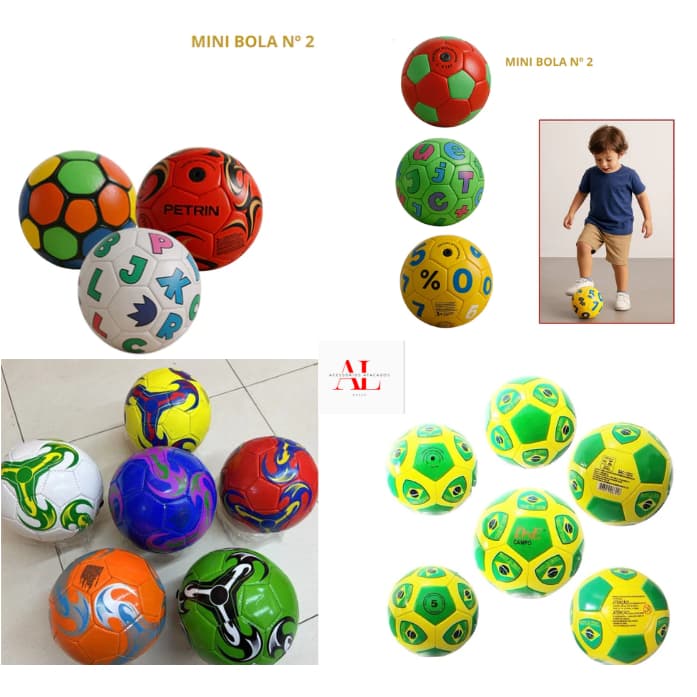 KIT 5/6/7/8/9/10/15/20 Bola de Futebol Infantil Couro Tamanho Número 2 Nº2 Couro Sintético Estampa Sortida