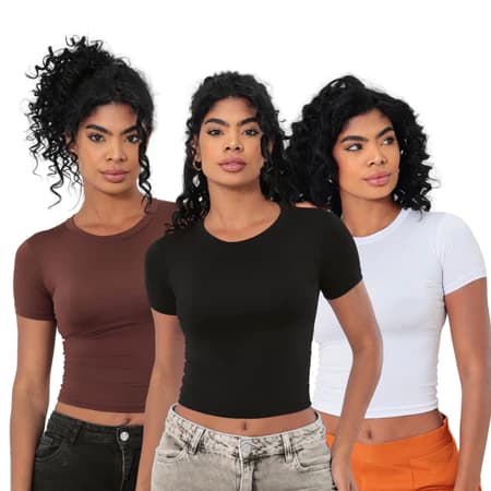 Kit 3  Baby Tee Feminina -  Blusa Slim Fit Manga Curta - Blusa de Compressão