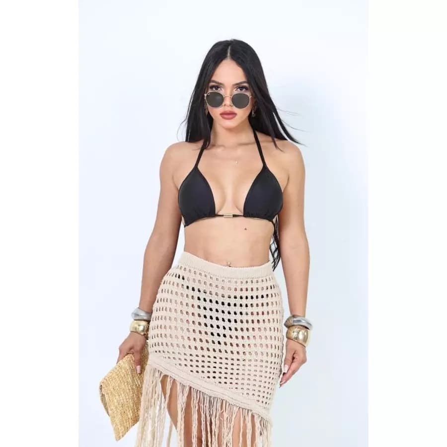 Saia saida de praia Franja Tricot Moda Feminina Verão