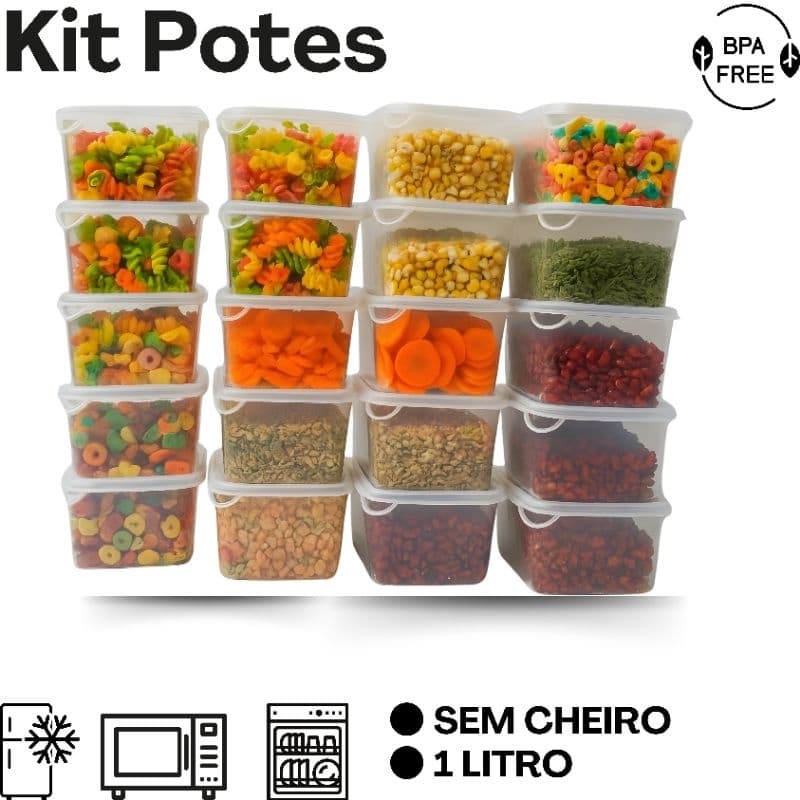 Kit 10 Potes Transparentes 1000ML 1L Organizador  Cozinha Marmita Reutilizável Microondas Vasilhas  Fitness Livre Bpa