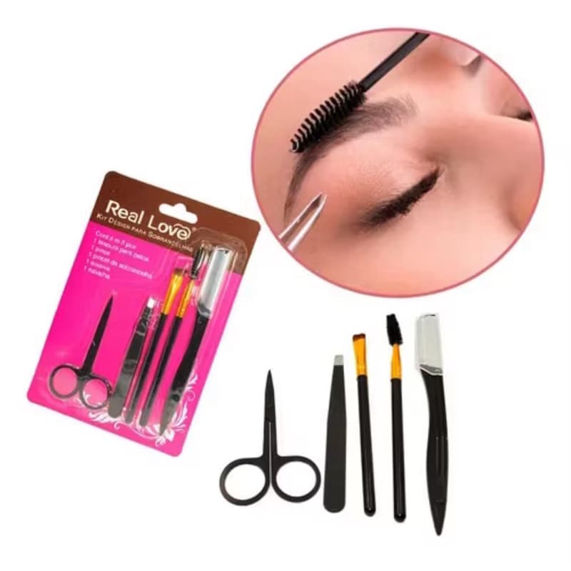 Kit Real Love para Sobrancelhas | Pinça, Navalha Descartável, Escovinha, Tesoura e Pincel