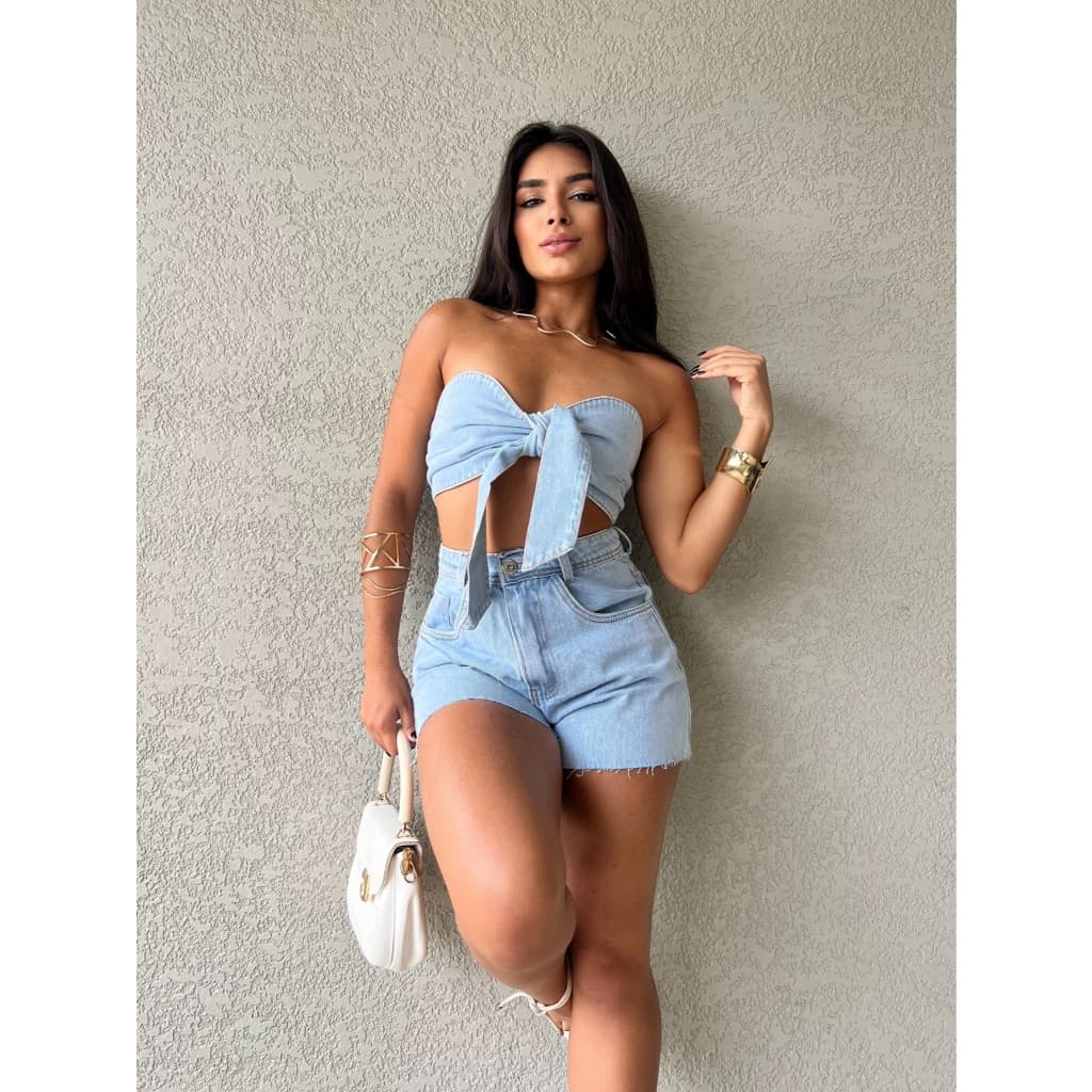 Anaoffice 001 conjunto jeans feminina blusa com short  p38 m40 g42