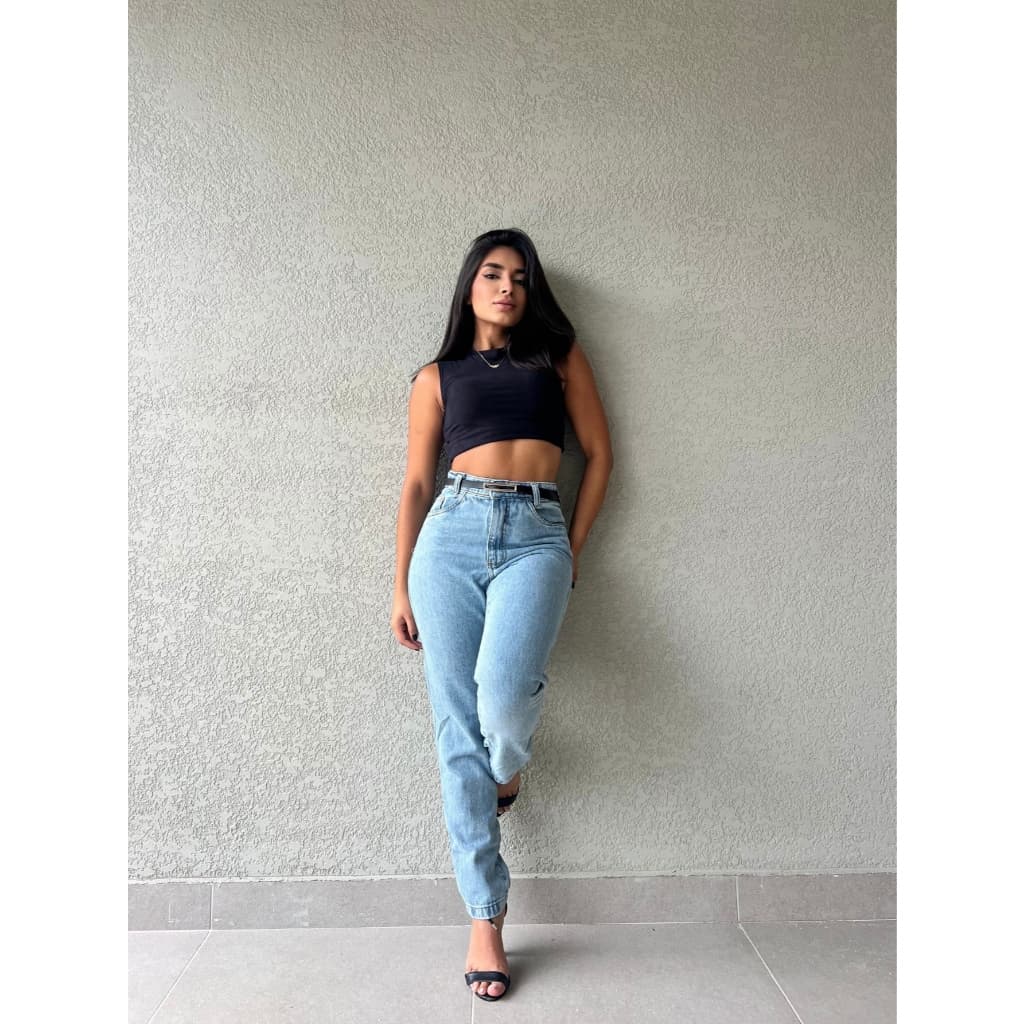 Anaoffice 015 010 8110 com cinto preto calça mom jeans feminina moda novo  lisa Bolsos Reais sem rascada