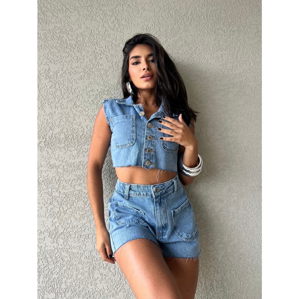 Anaoffice 163 conjunto jeans feminina blusa com short  colete com short p38 m40 g42