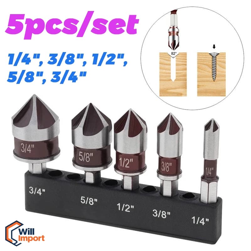 Jogo 5 Brocas Escareadoras Chanfrar Madeira Aluminio 1/4 hex haste 82 graus cone