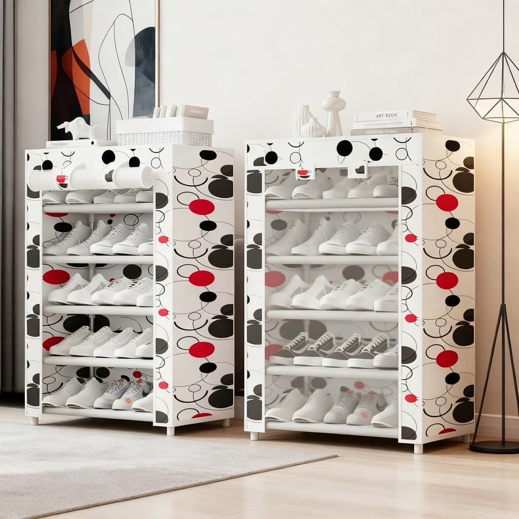 Sapateiro de Tecido Estampado Flor e Bolinhas Multicamadas Organizador Calçados Anti Poeira Montagem Fácil Varias Estamp
