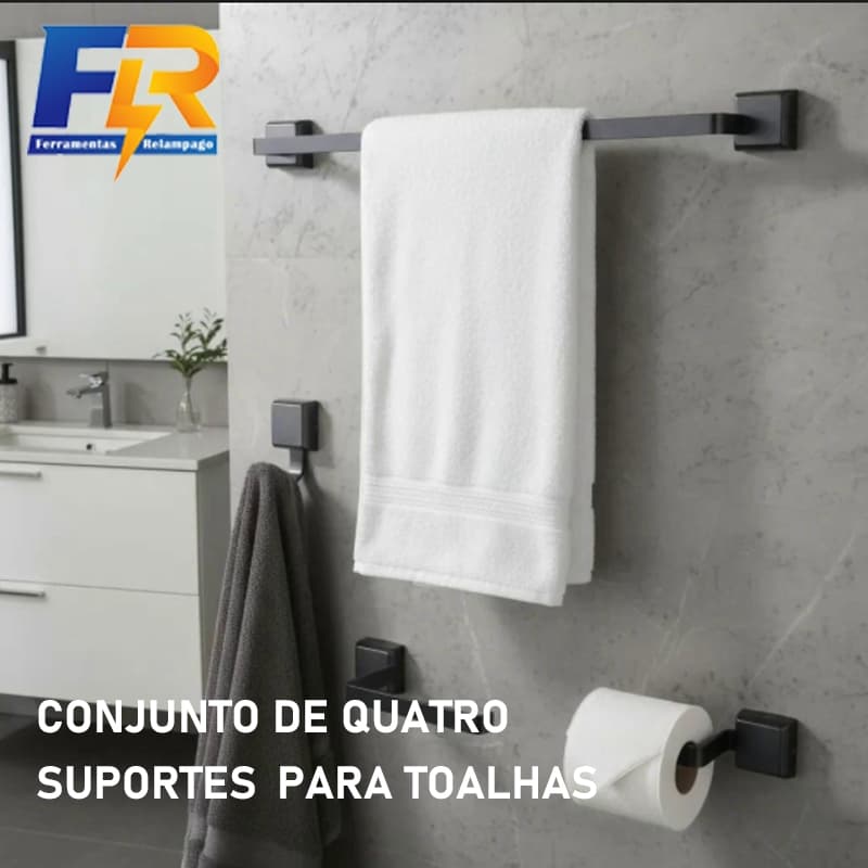 Kit Toalheiro de banheiro 4 peças Acessórios Suportes Preto Resistente