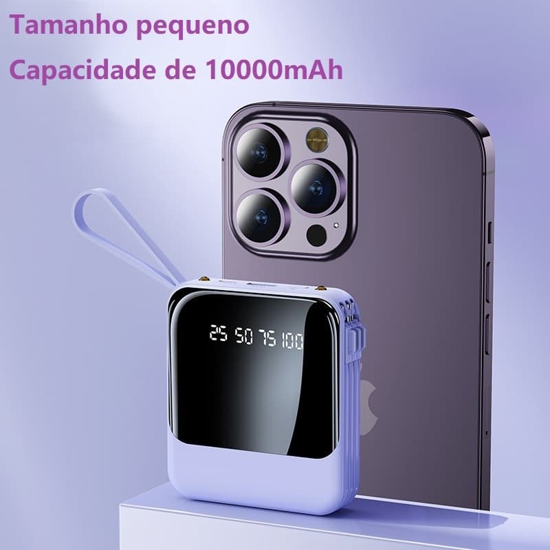 Carga Rápida 22,5W Power Bank - 10000mAh 4 Cabos Integrados, LED Digital e Compatível iOS/Android