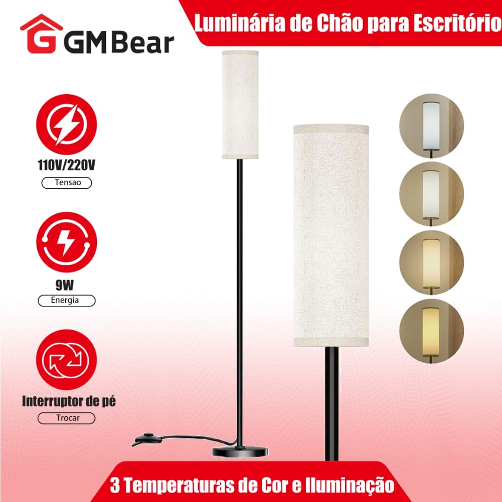 GM Bear Luminária de Chão para Escritório - Simples,com 3 Temperaturas de Cor e Iluminação Ajustável