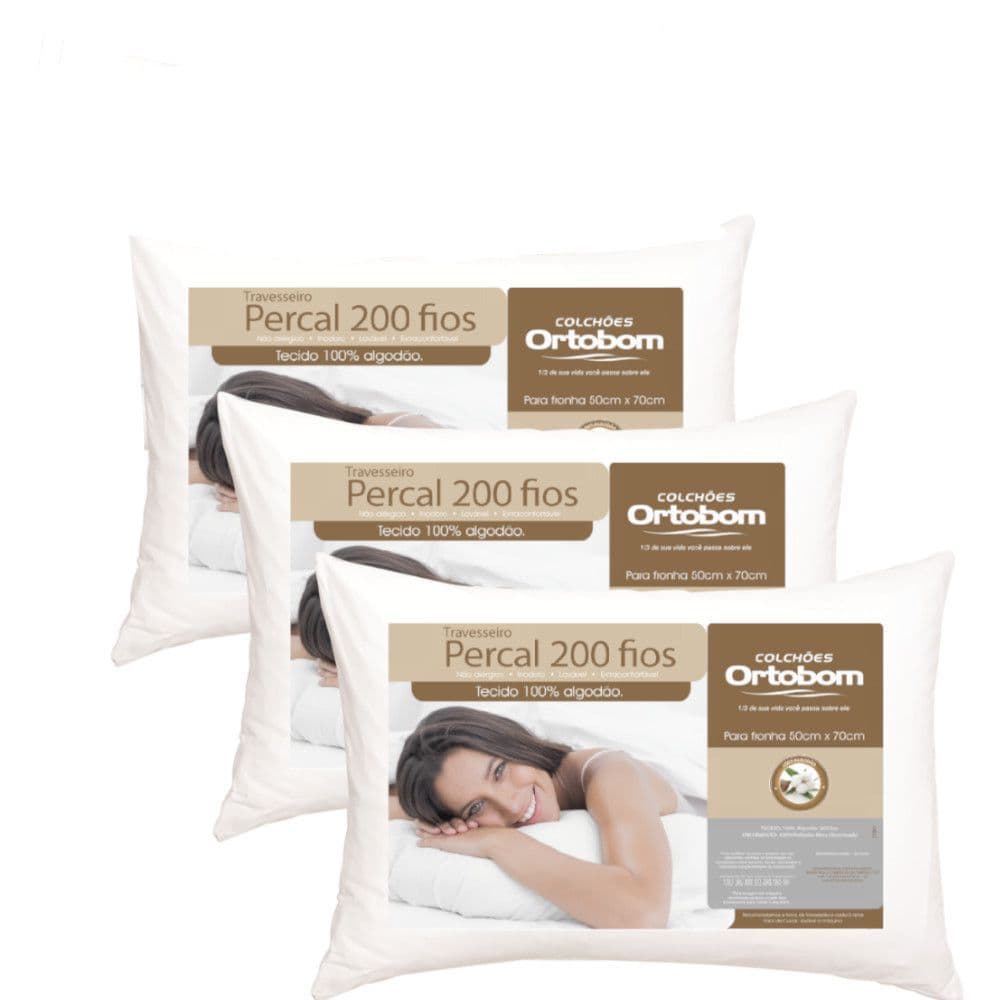 Travesseiro Ortobom 200 Fios 50x70cm 100% Algodão Antialérgico Super Macio Perfil Alto