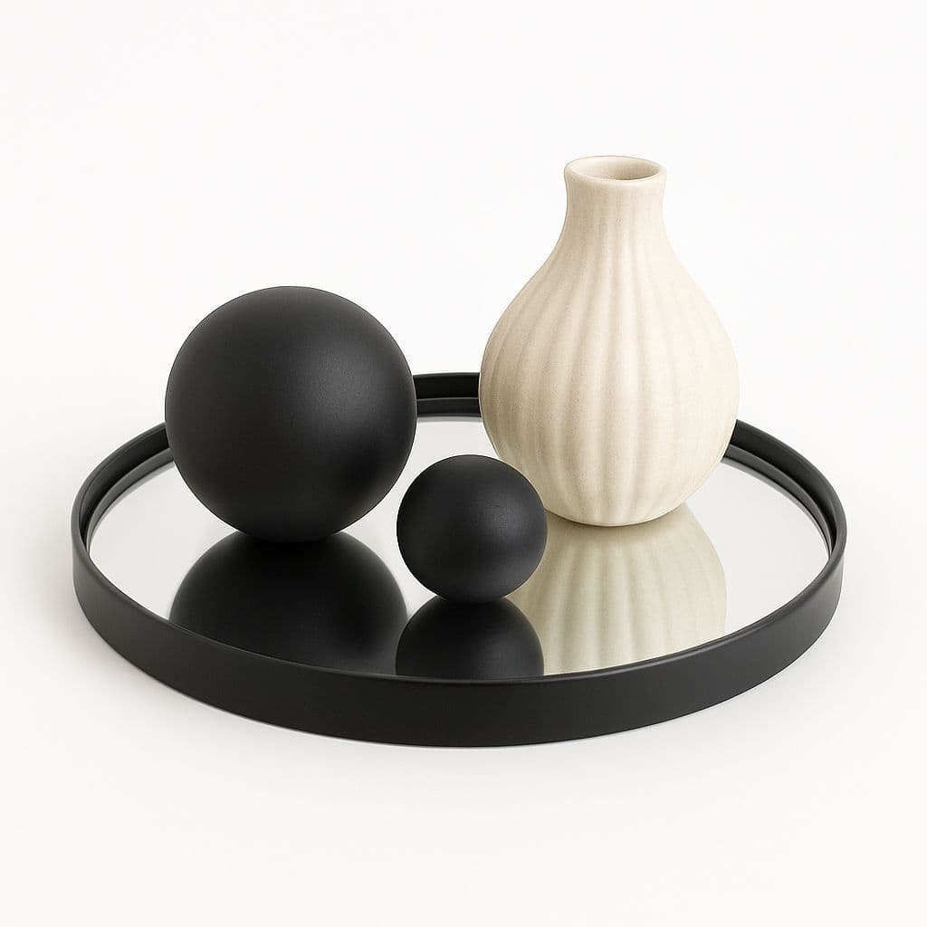 Bandeja Decorativa Redonda Fundo Espelhado Acabamento em Couro 30x30cm Bar Aparador Joías Maquiagem Multiuso
