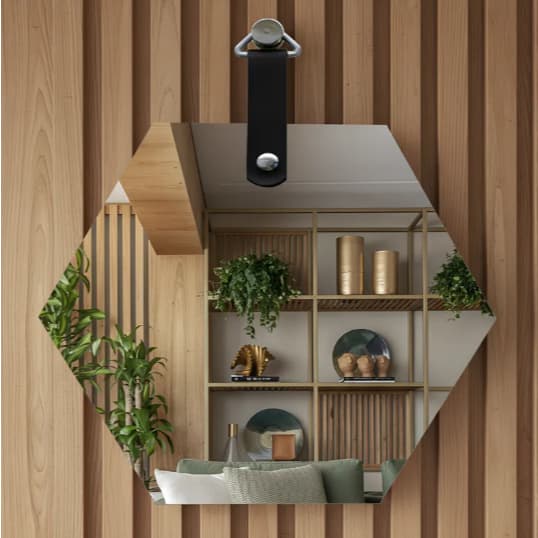 Espelho Sextavado Barato Decorativo Slim Com Alça Preto 550mm
