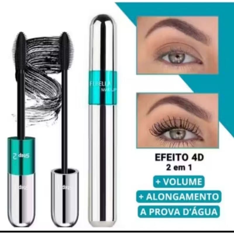 Máscara p/ Cílios Rímel 2 em 1 Volume Intenso alongamento À Prova D'água 4D - Febella (Kit ou unid)