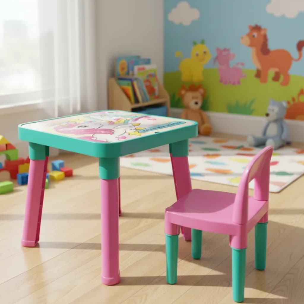 Mesinha com Cadeira Unicórnio Rosa Tampo Removível Divisórias Infantil Menina Criança Monte Líbano