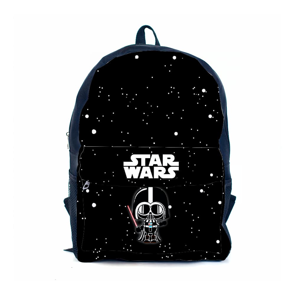 Mochila com Bolso Str Wars Black Vilão Estrelas Brancas Alça Reforçada Lona Escola