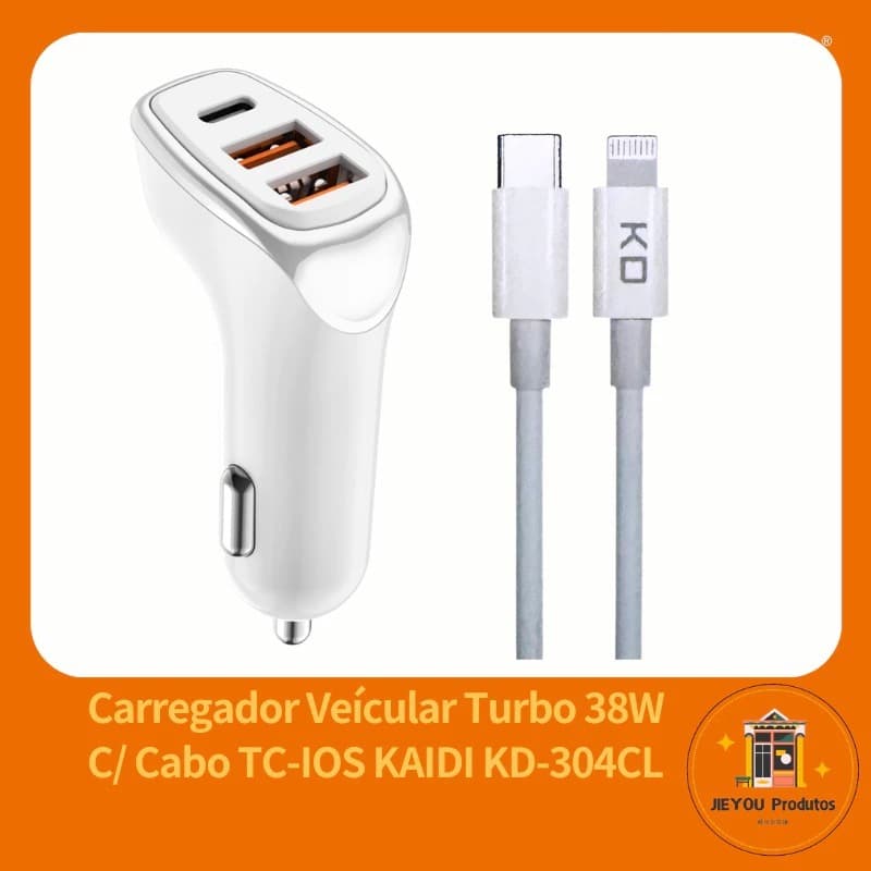Carregador Veicular KAIDI KD-304CL 38W PD + QC 3 Saídas | USB-C + Lightning | Turbo Carro