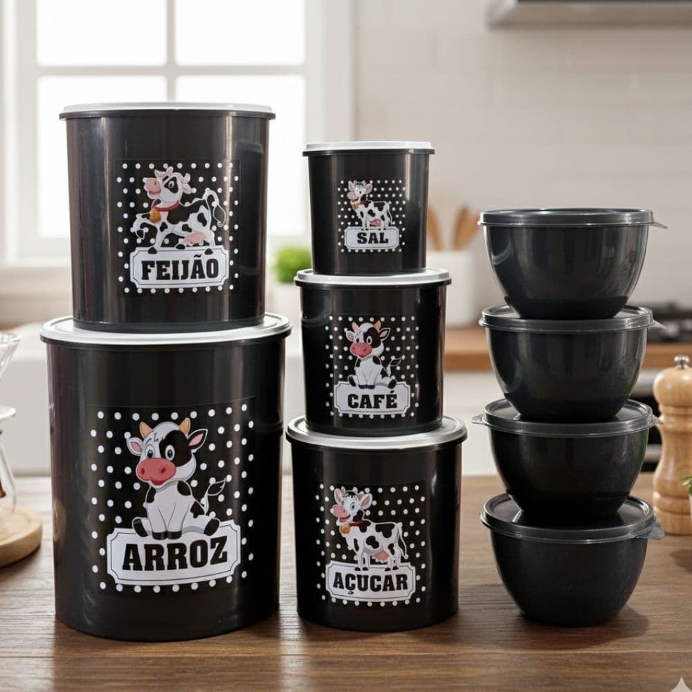 Jogo de Mantimento 5 Peças Adesivado e 4 Potes Kit Cozinha Plástico Organizador