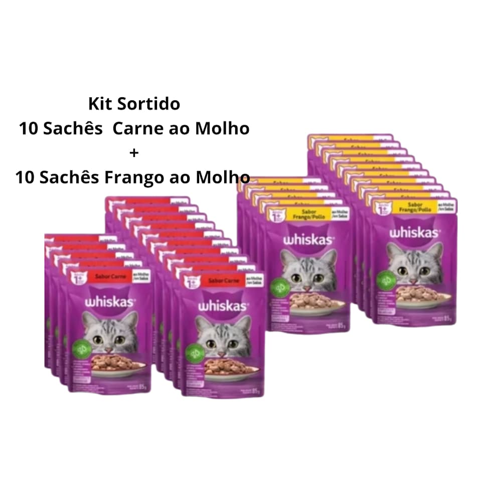 KIT SORTIDO Whiskas 20 Sachês Sabores Carne ao Molho + Frango ao Molho 85g - 10 sachês de cada sabor